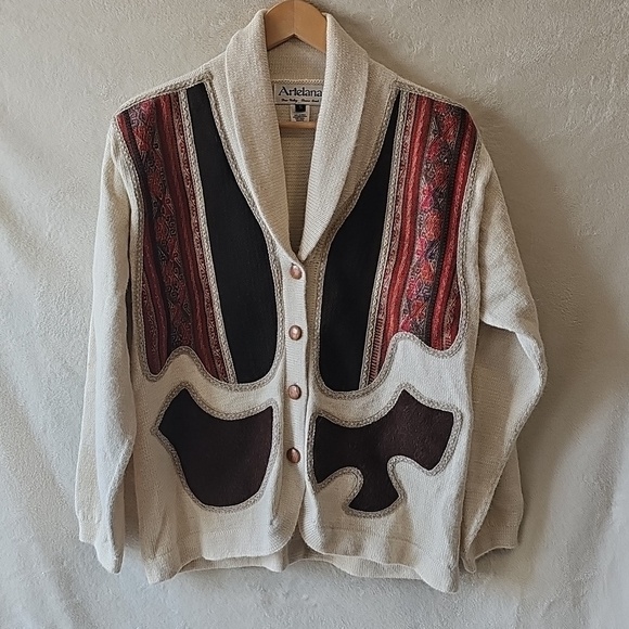 Artelana Sweaters - Patchwork Mixed Media Artelana 100% Alpaca Wool Cardigan Sweater S/M